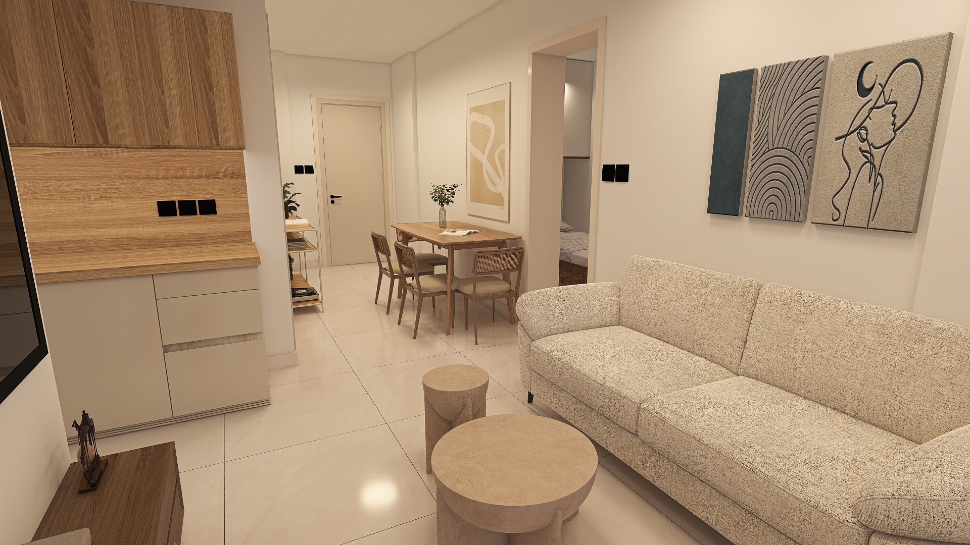 Proposed visualisation — kitchen looking towards the living room and entry