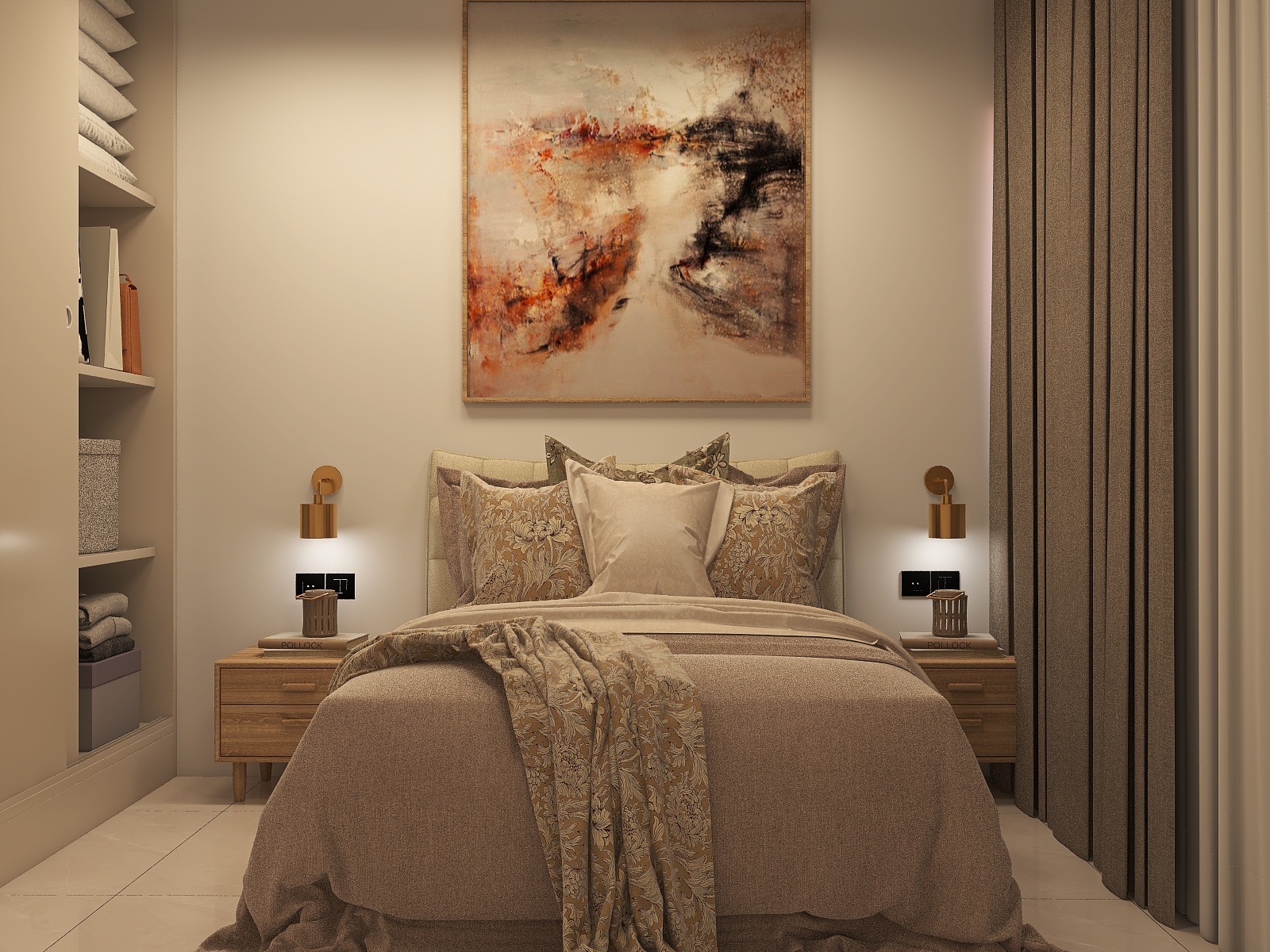 Proposed visualisation — master bedroom with curtains drawn