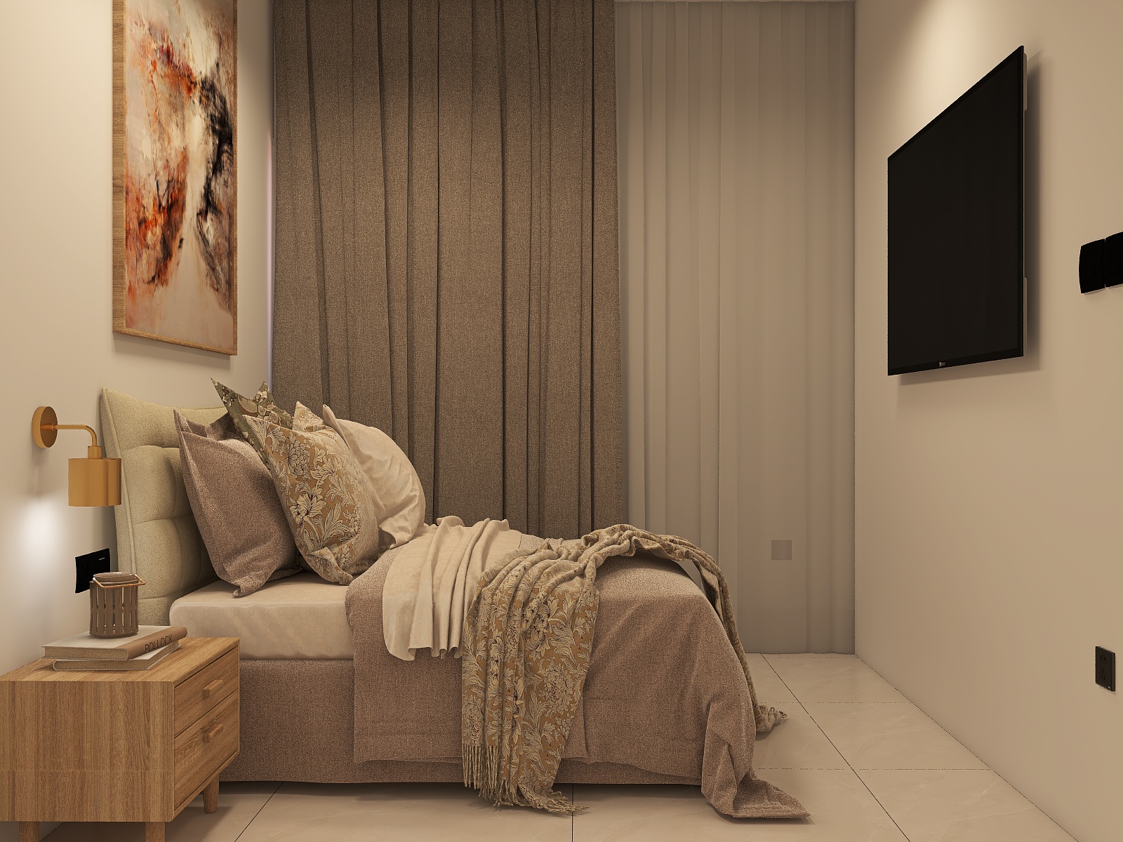 Proposed visualisation — master bedroom side view with the television wall