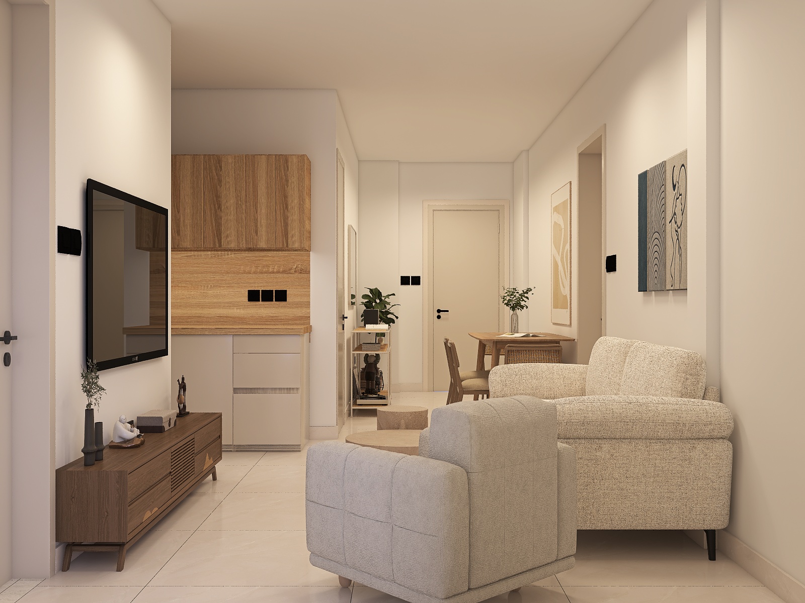 Proposed visualisation — open-plan living area with kitchenette and dining corner